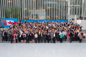 Laura and the rest of the Canadian delegation during Prime Minister Trudeau's 2016 visit to World Bank Group headquarters. Laura is fourth from the left in the front row!