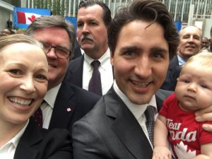 At Prime Minister Trudeau's visit to the World Bank Group in 2016, Laura was able to take a selfie with him holding her daughter Naomi ( who was 3 months old at the time).