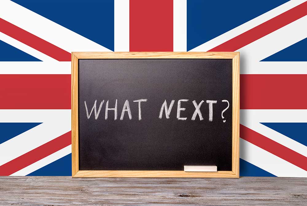 UK flag with chalk board that says "What next?"