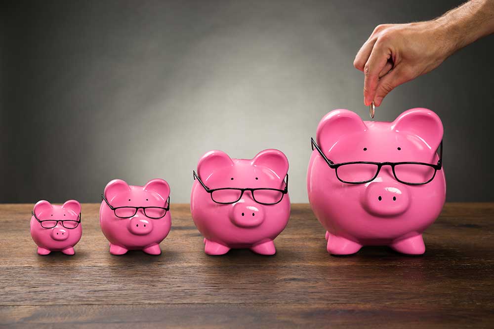 pink piggy banks wearing glasses