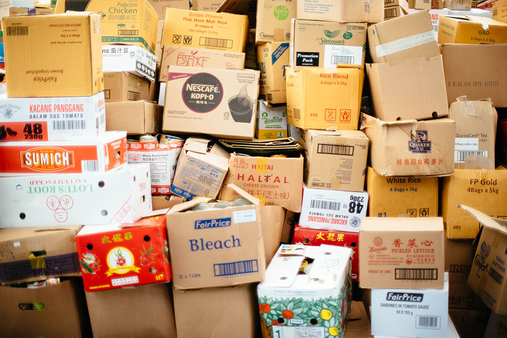 repacked boxes stacked in warehouse