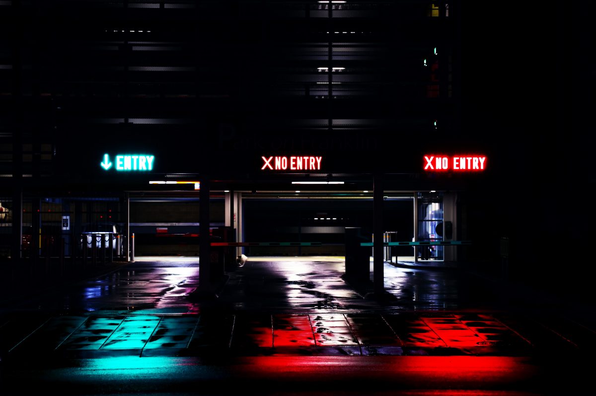 Entrance to garage with entry and no entry signs