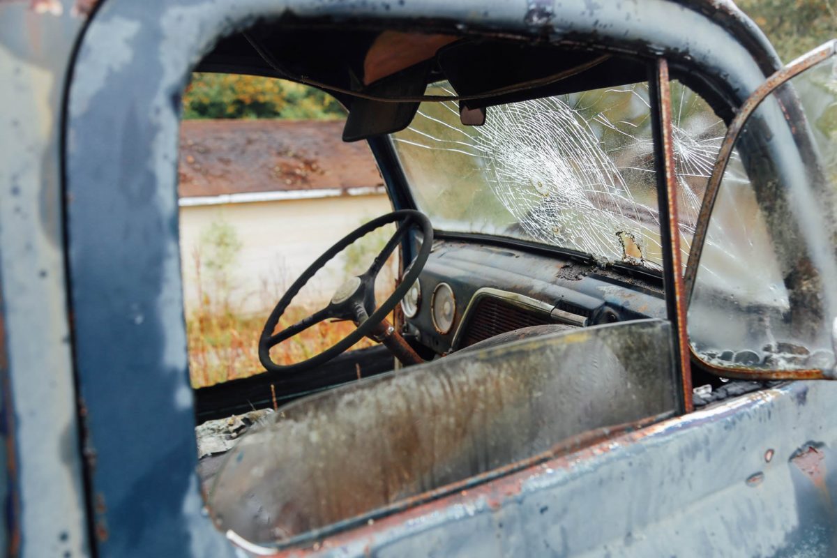 old truck with broken windshield
