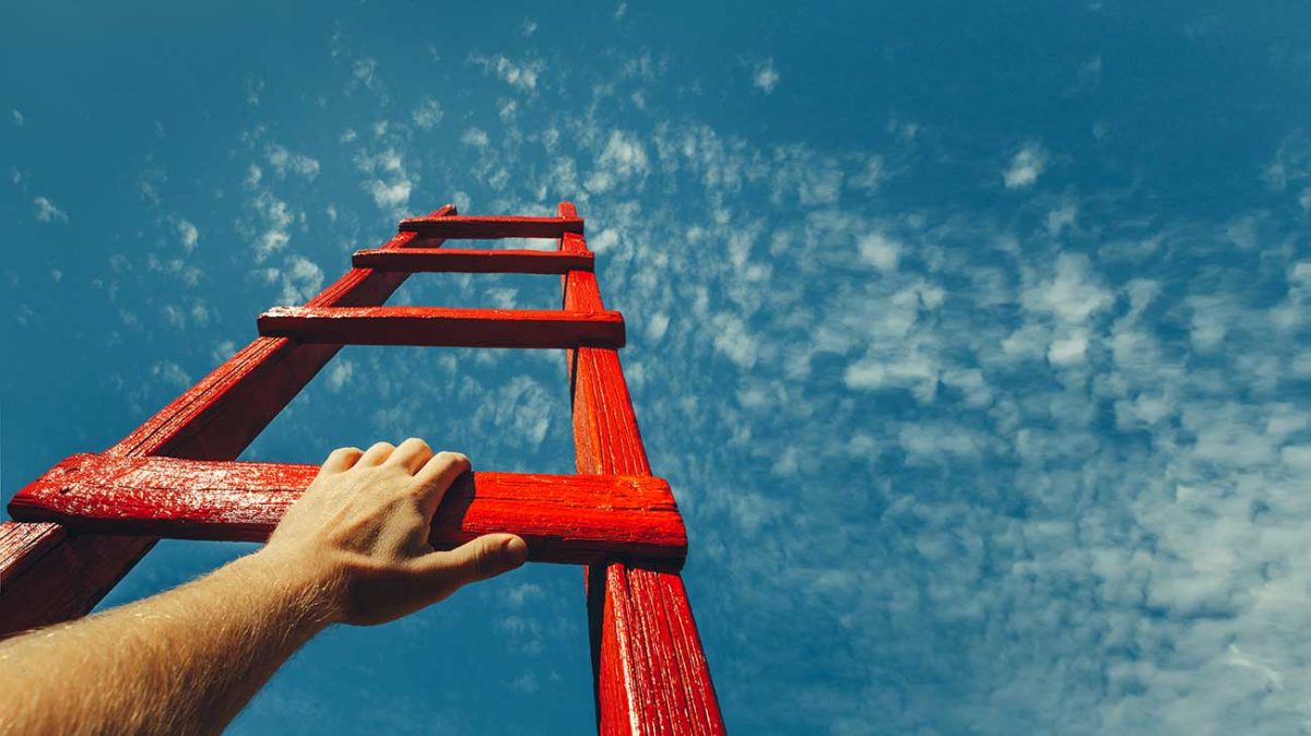 ladder reaching into the sky, hand on bottom rung