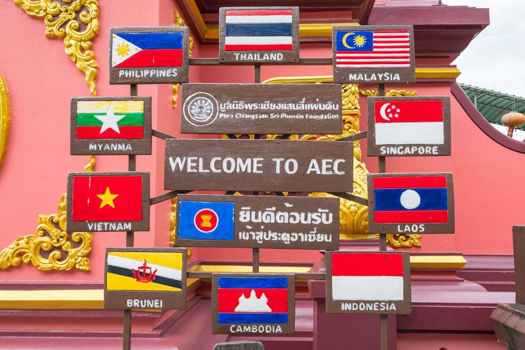 The nations flag of ten countries in Southeast Asia called ASEAN