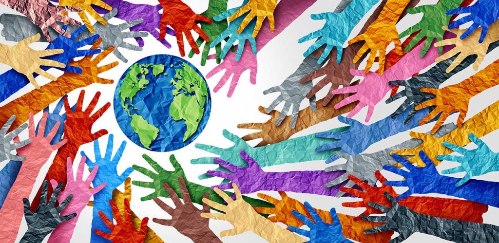 colourful hands illustration reaching towards the earth