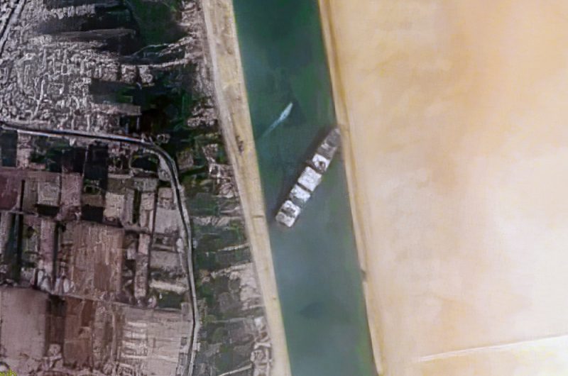 Satellite shot of the Ever Given stuck in the Suez Canal.