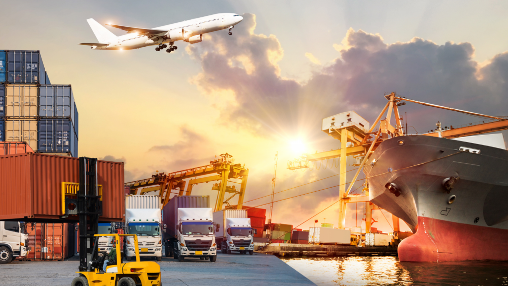 Inbound and outbound logistics, trucks, planes and ships transporting goods.