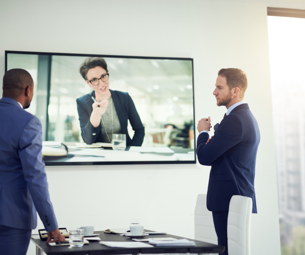 3 business people conducting online negotiations in a virtual meeting