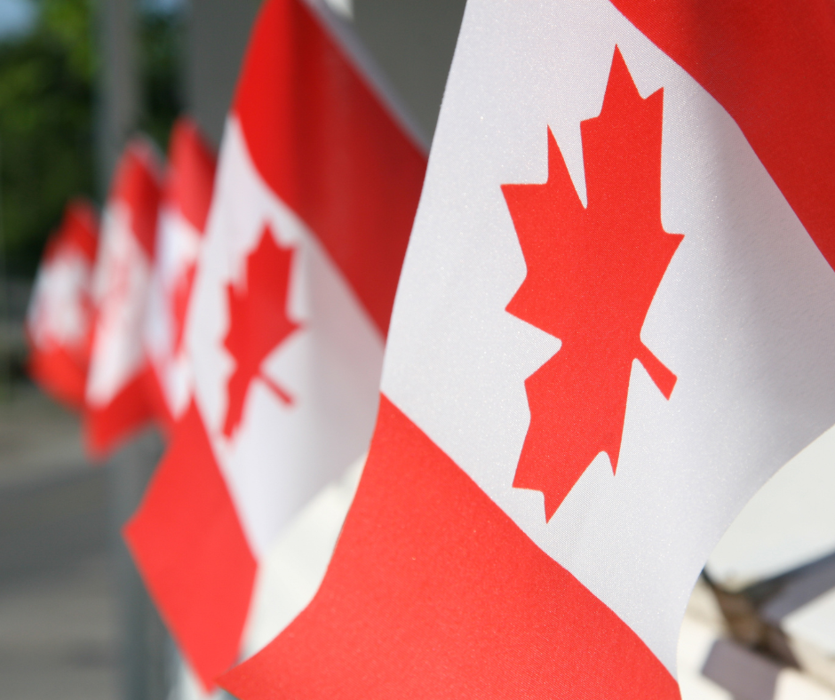 Canadian flags in a row hang outside of a building