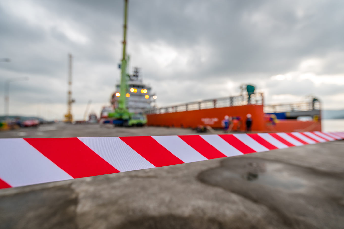 Tape blocking off container ship in port due to labour disruption